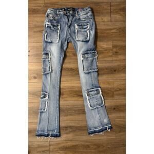 Streetwear x Damati LT Wash Distressed Shredded Seams Stacked Cargo Jeans SZ 32